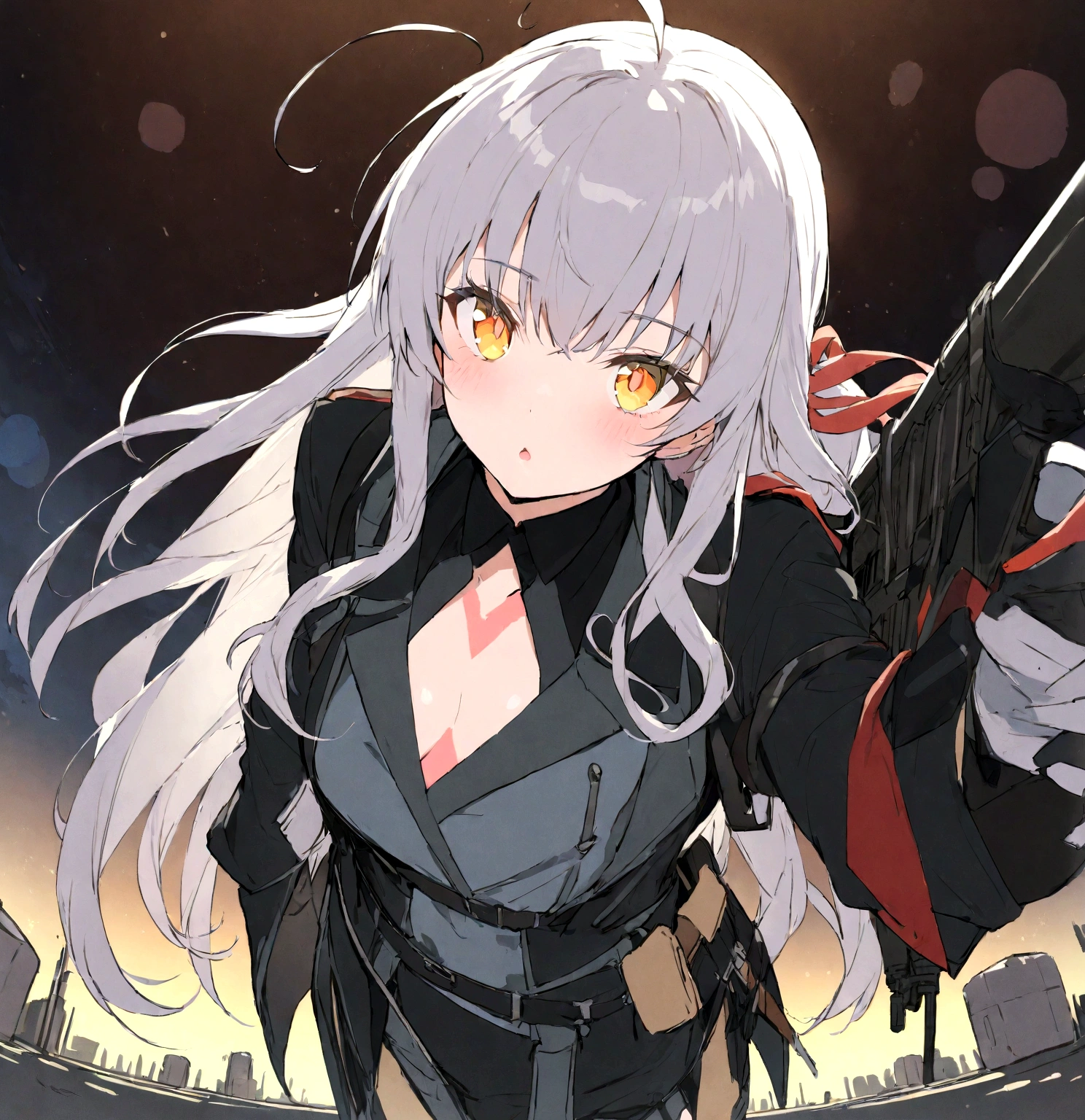 (masterpiece, best quality:1.2),Expressionless、 1girl, 独奏,Black military uniform、Grey long hair、Ahoge、Yellow Eyes、Ready your gun?、sniper rifle、Background of military bases、Fisheye Lens(masterpiece, best quality:1.2),Expressionless、 1girl, 独奏,Black military uniform、Grey long hair、Ahoge、Yellow Eyes、Ready your gun?、sniper rifle、Background of military bases、Fisheye Lens