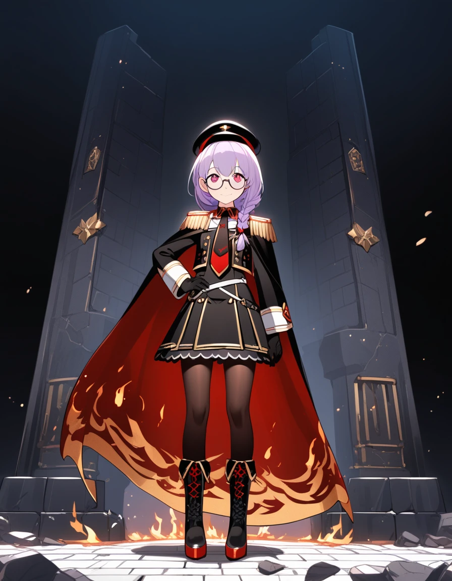 realisitic, from front, City Deserted, Pile of rubble, Brick building, a one woman (18 years old, far away blackw hair, far away slits, Eyes red, glare eyes, 精致的面容, standing (In floor, feet shoulder-width apart), Lolita style military uniform (blackw base, Red Insert, golden decoration, volantes, wide sleeves, dainty and delicate detailing armors), blackw far away gloves (blackw, Red Insert, golden decoration, small hands, armors), blackw far away gloves, knee high boots (blackw, high-heels, red soles), ha (blackw, aba dourada, shield emblem, delicate details), arms in front, Front of belly, Holding military swords with both hands (blackw, golden decoration, delicate detail, Handle at the top, Ground-facing blade, in front of the body, far away), night sky (blackw, stele, Increased flames and smoke), Pale painting style, One Girl, super high quality, Super Detail, Super Detailed image, long hair, looking at viewer, skirt, shirt, hair ornament, violet eyes, gloves, round glasses, long sleeves, hat, closed mouth, jacket, violet hair, braid, open clothes, necktie, black gloves, black skirt, uniform, single braid, open jacket, black jacket, black headwear, 手链, peaked cap, black necktie, cropped jacket, military hat, pantyhose, Flat Chest, smile, Black Cape