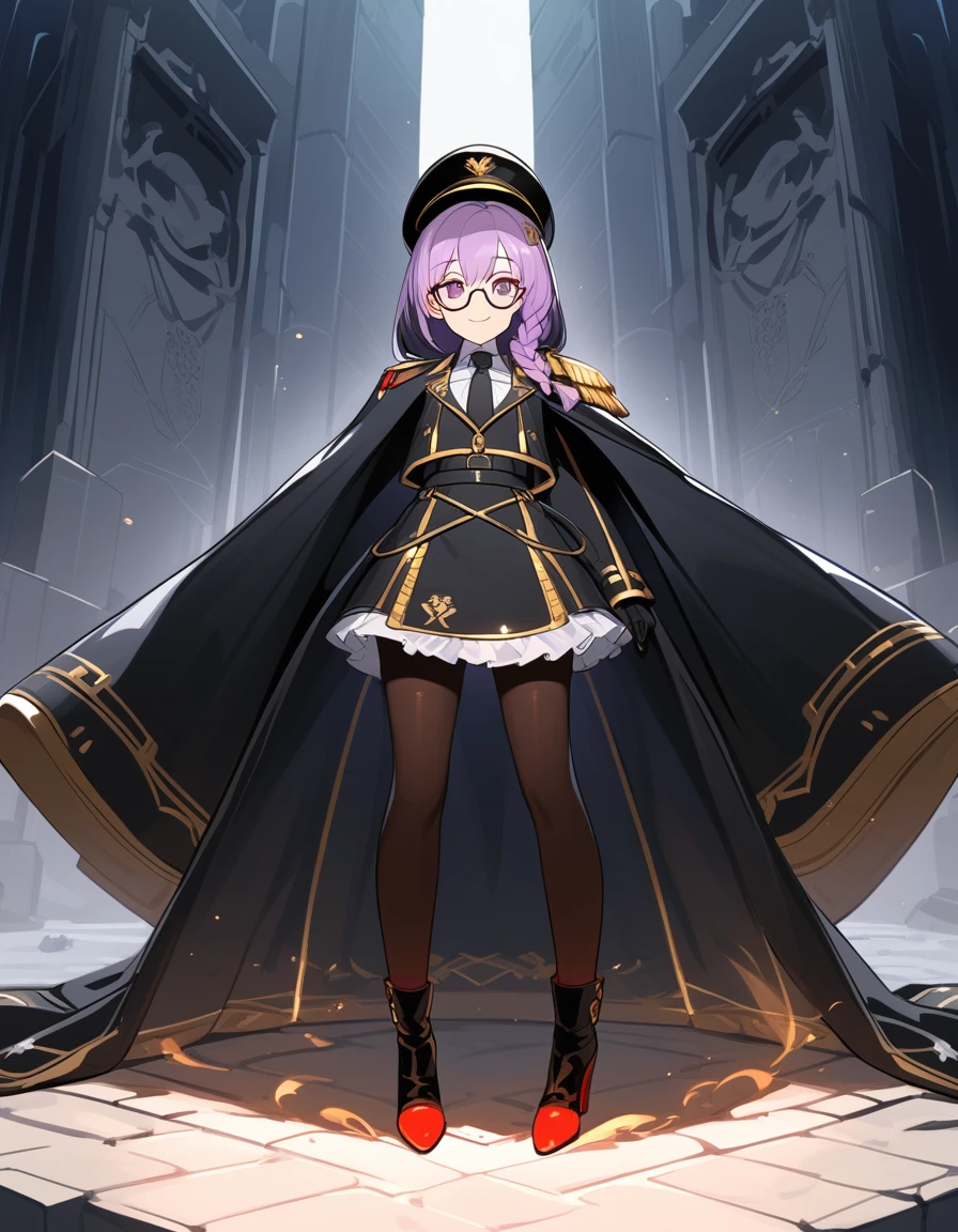 realisitic, from front, City Deserted, Pile of rubble, Brick building, a one woman (18 years old, far away blackw hair, far away slits, Eyes red, glare eyes, 精致的面容, standing (In floor, feet shoulder-width apart), style military uniform (blackw base, Red Insert, golden decoration, volantes, wide sleeves, dainty and delicate detailing armors), blackw far away gloves (blackw, Red Insert, golden decoration, small hands, armors), blackw far away gloves, knee high boots (blackw, high-heels, red soles), ha (blackw, aba dourada, shield emblem, delicate details), arms in front, Front of belly, Holding military swords with both hands (blackw, golden decoration, delicate detail, Handle at the top, Ground-facing blade, in front of the body, far away), night sky (blackw, stele, Increased flames and smoke), Pale painting style, One Girl, super high quality, Super Detail, Super Detailed image, long hair, looking at viewer, skirt, shirt, hair ornament, violet eyes, gloves, round glasses, long sleeves, hat, closed mouth, jacket, violet hair, braid, open clothes, necktie, black gloves, black skirt, uniform, single braid, open jacket, black jacket, black headwear, 手链, peaked cap, black necktie, cropped jacket, military hat, pantyhFlat Chest, smile, Black Cape