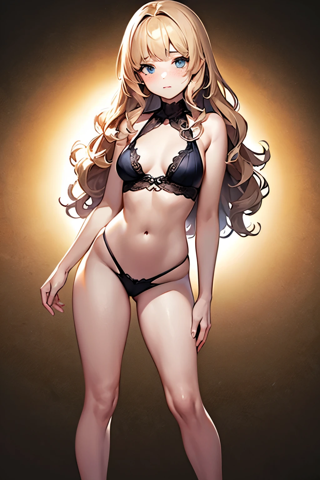 (((full-body view))), ((dark fantasy)),((girl with wavy hair, pale skin, Blonde Bangs On Brown Hair),((light blue eyes)), freckles,(girls 18 years old),erotic posing,Gothic background, Dark fantastic view,Best Quality,masutepiece,8K,The ultimate detailed dark background, Top image quality、RAW photography、超A high resolution, overall look is very erotic, round chest, Beautiful Eyes of Details、Very slender eyes、Beautiful eyelashes、Very slim physique, with blush cheeks