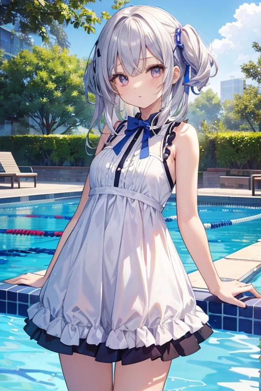 1girl in, (masutepiece:1.1), (Best Quality:1.1), Colorful mini dresses, sleeveless、(swimming pools :1.1), Cowboy Shots, silber hair, length hair, , verd s eyes, sideways Facing,