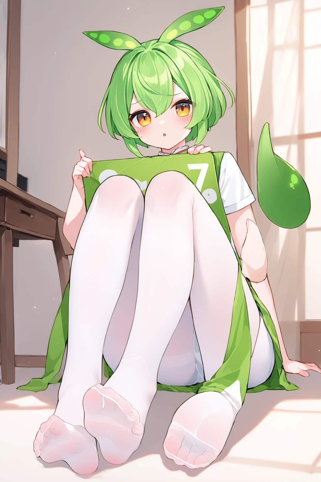 score_9, score_8_up, score_7_up, BREAK source_anime,masterpiece, best quality, highly detailed,absurdres, anime,highres,8k, shadow,uncensored, indoors, simple background, home, full body, sitting, feet, soles, toes, foot focus, 1girl, zundalora, pantyhose, white legwear, zundamon, leg lift