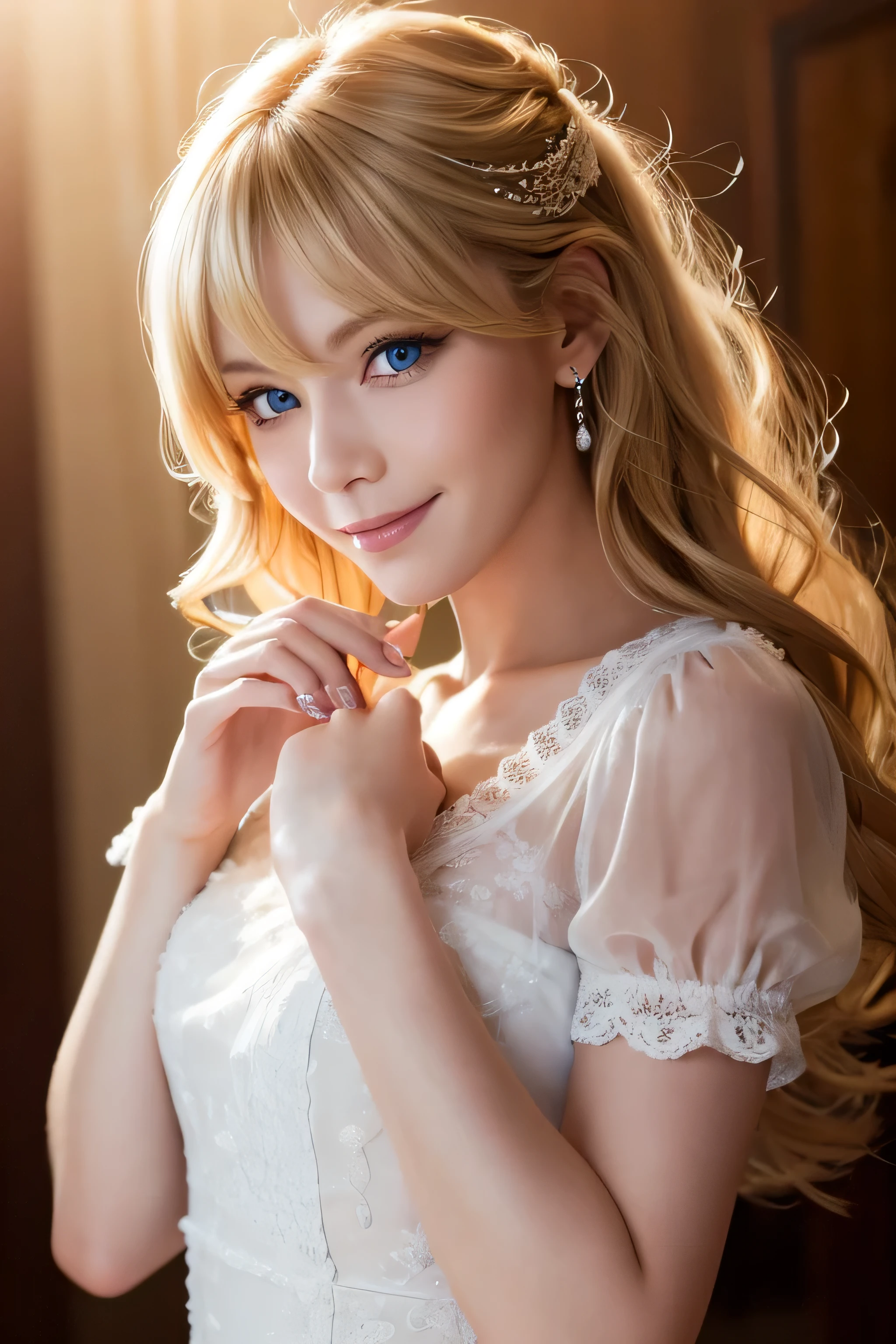8K,Bushy blonde adult woman,so beautiful(Like the real thing), Big smile, elegant, Long nails, Hairstyle, Beautiful expression,blue eyes, Messy, I am proud, absurdes, Elegant dress,Cowboy Shot, Portraiture, (Highest quality), (Tabletop), (Very detailed), masterpiece,Highest quality photorealistic RAW photos。Backlight, Cinema Lighting, Film Grain, to be born, 50MM lens, Nikon D850,Ultra-Realistic Skin,Fantasy art,Character Art,Ultra-high resolution,Perfect hands,Compensate,wearing a white shirt mini dress,full figure supermodel standing, entire body in frame、