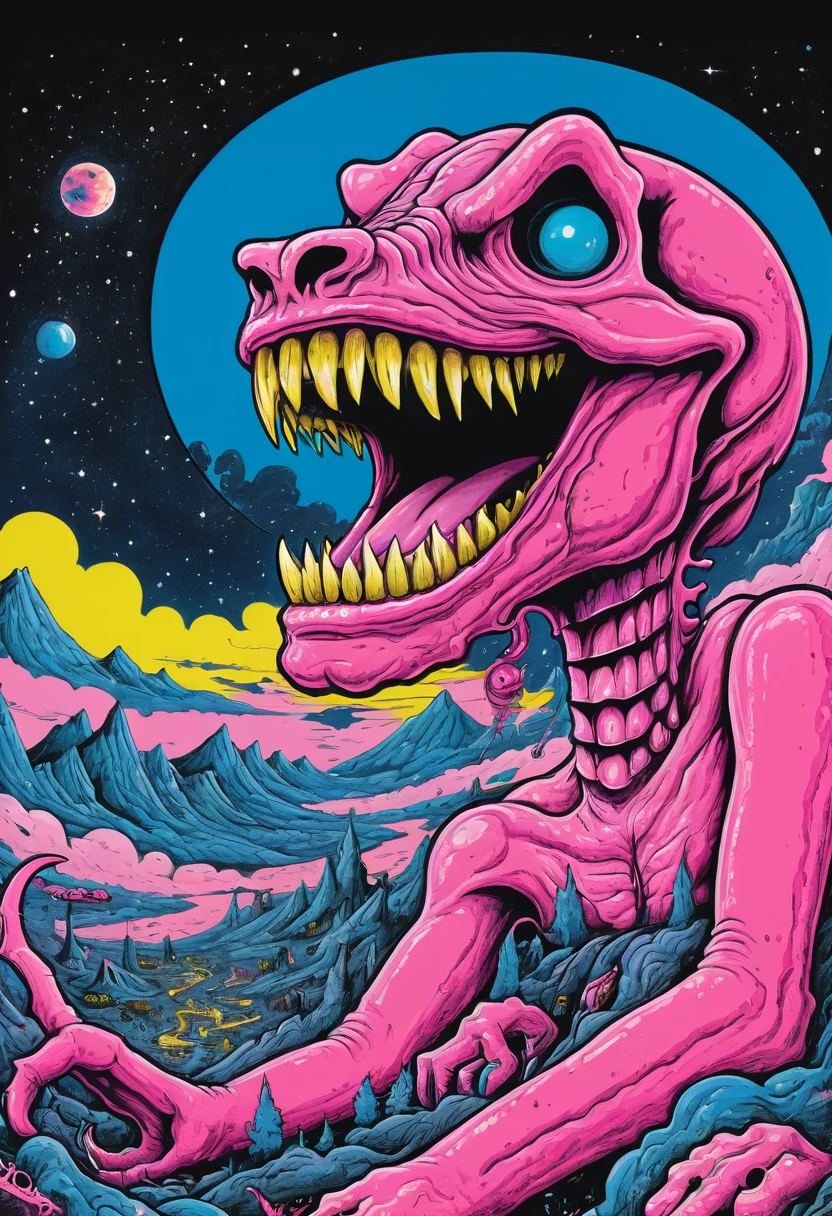 graphic concept art by person, in the style of gary panter, dark sky-blue and pink, otherworldly grotesquery, tooth wu, cyclorama, dark yellow and pink, hyper-detailed illustrations