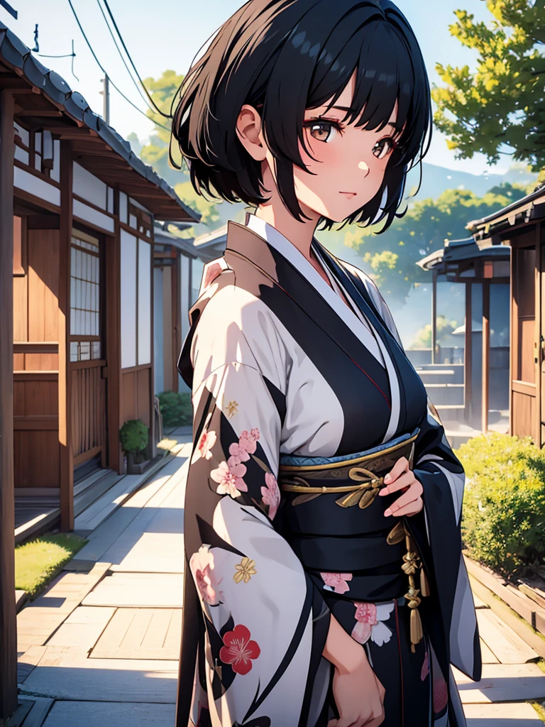 1girl, wearing a beautiful long kimono, at a japan village, black short hair, 8k, high detailed, high quality
