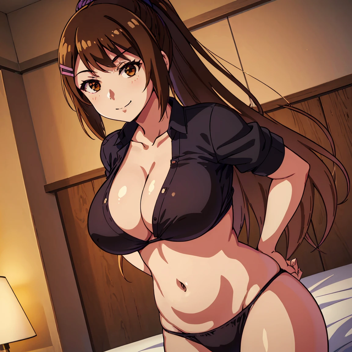1girl, ,solo , shirt lift, undressing,
, sae chabashira, (30 year old adult woman:1.5),long hair, (black髪:1.5), hair ornaments, (brown eyes:1.5), ponytail, hair clip mature woman,(narrow_waist), thigh、big breasts,, bikini underneath , smile, bedroom