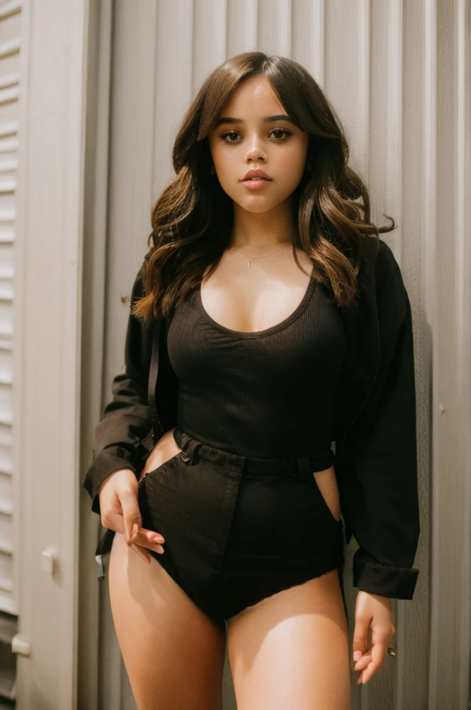 jenna_ortega wearing black lace panties, long hair, eyeliner,
upper body, solid wall background,