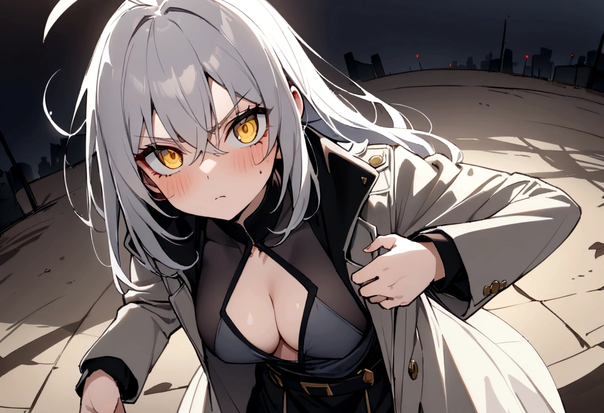 大きなReady your gun?女の子、Open chest、(masterpiece, best quality:1.2), 1girl, 独奏,Black military uniform、Looking through the scope、Point your gun at us、Grey long hair、Ahoge、Yellow Eyes、Ready your gun?、sniper rifle、Background of military bases、Fisheye Lens、battlefield、Shadows of light and darkness、Expressionless、Grim face、anger、battle、A black hoodie over a grey trench coat、