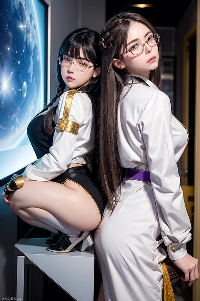 2 women, ((Back-to-back position)), epic pose, Science Fiction uniform, epic, poster, (mysterious_g, purple eyes long hair, White clothes, Braided Hair, Twins, Silver Hair), (Killala, catgirl, Black Hair, short hair, Clothes, Hair covering one eye, golden eyes, glasses), darkroom, Science Fiction, space ship, masterpiece, best quality, amazing quality, very aesthetic, absurd, Intricate details, (author:WLOP:0.3), From rella
