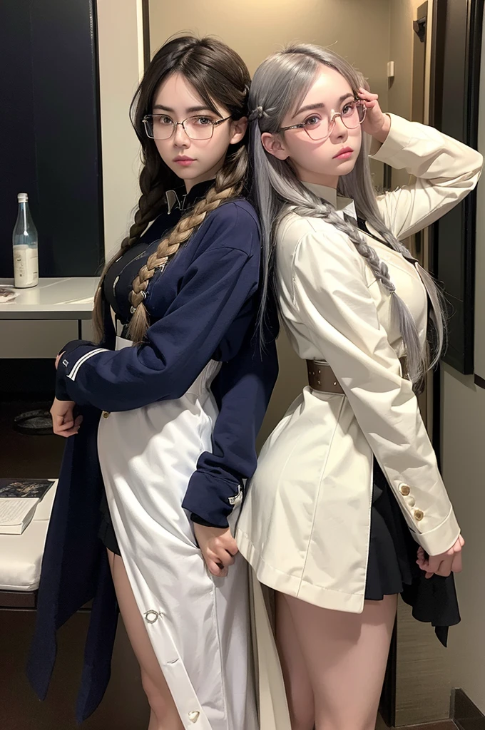 2 women, ((Back-to-back position)), epic pose, Science Fiction uniform, epic, poster, (mysterious_g, purple eyes long hair, White clothes, Braided Hair, Twins, Silver Hair), (Killala, catgirl, Black Hair, short hair, Clothes, Hair covering one eye, golden eyes, glasses), darkroom, Science Fiction, space ship, masterpiece, best quality, amazing quality, very aesthetic, absurd, Intricate details, (author：WLOP:0.3), From rella