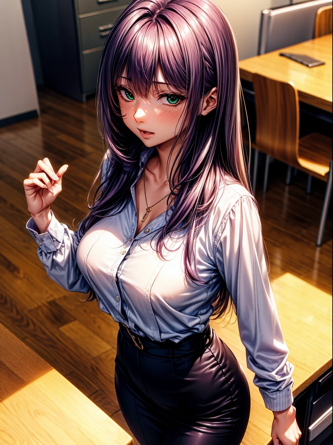 (top-quality、tmasterpiece、high resolution、super high image quality), 1girl, 8K, Rei Himiyama, Amakano, dark purple hair, long hair, straight hair to the waist, perfect figure, 20 years old, F Cup, big butt, green eye, (clear eye white part), black tight office clothes,office desk,dark purple hair,mature face