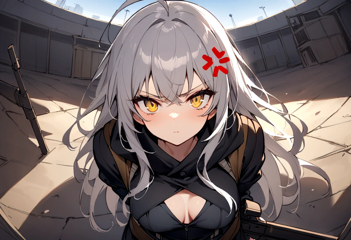 Gun on shoulder、(masterpiece, best quality:1.2), 1girl, 独奏,Black military uniform、Looking through the scope、Point your gun at us、Grey long hair、Ahoge、Yellow Eyes、Ready your gun?、sniper rifle、Background of military bases、Fisheye Lens、battlefield、Shadows of light and darkness、Expressionless、Grim face、anger、battle、A black hoodie over a grey trench coat、