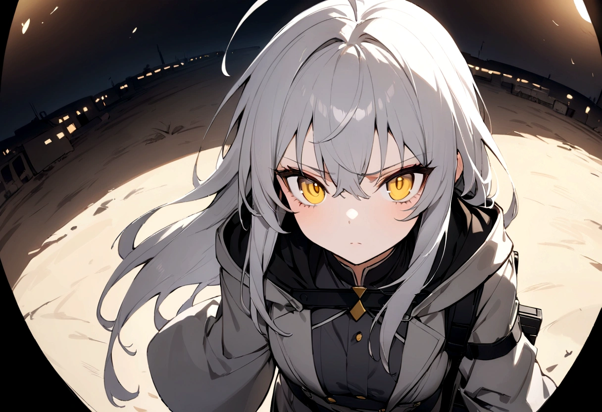 Gun on shoulder、(masterpiece, best quality:1.2), 1girl, 独奏,Black military uniform、Looking through the scope、Point your gun at us、Grey long hair、Ahoge、Yellow Eyes、Ready your gun?、sniper rifle、Background of military bases、Fisheye Lens、battlefield、Shadows of light and darkness、Expressionless、Grim face、anger、battle、A black hoodie over a grey trench coat、