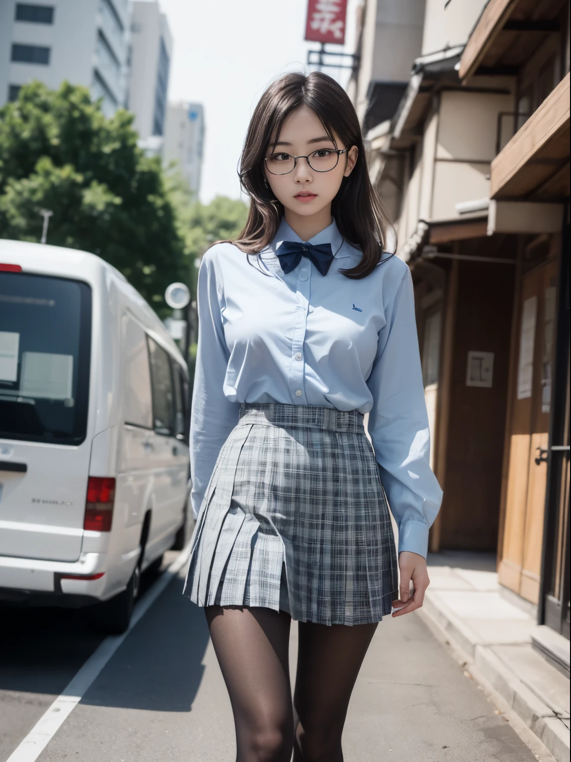 (8K、生photograph、Highest quality、masterpiece:1.2),(Small breasts)、(Small breasts)、(Small breasts)、(Small breasts)、Look straight ahead、pupil,De Pere Blanca,(Black Pantyhose),Small face、Chest is petanko,前hairを真ん中から分ける,The forehead is visible,(business,Glare,strong,Are thin,Irritation)、masterpiece,Highest quality,Ultra-high resolution,生photograph,even,beautiful、One person,One person,Glasses,,Strong face、丸Glasses、cute、JK、high school girl、Japanese women、Are standing、(PhotoReactive:1.37)、Photon Mapping、Light blue ribbon、Real、cute小さな顔、Brown eyes、Black socks、(Red bow tie)、Radio City、Physically Based Rendering、Prospect、Character boundary depth、Blurred Background、photograph、girl、body、Beautiful feet、Long legs、Thin legs、(前hairが見える)、hair、lips、blue_The目、Soft Nose、(Light blue shirt)、Navy and blue checkered pleated skirt、I can see your knees、See-through clothing、Thighs、black cotton socks、Nogizaka Idol、、Japan Ido