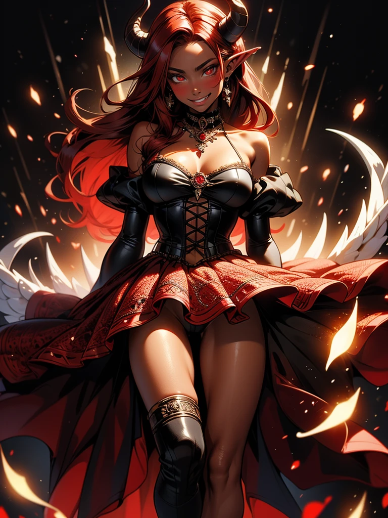 copper skin, dark skin, tan, toned, abs, red hair, hair bobbles, longeyelashes, solid circle eyes, cat ears, light smile, ear blush, fang, accurate, long red hair, blood red hair, red eyes, hair over shoulder, straight hair, demon horns, ram horns, black horns, glowing eyes, makeup, light smile, smug, full blush, Surrealism, drop shadow, anaglyph, stereogram, tachi-e, pov, atmospheric perspective, 8k, super detail, best quality, high details, high quality, highres, award winning, best quality, large, wearing sexy royal attire, red white and black clothes, thigh high boots, high heels, ballgown, edgPetal, a woman wearing a ballgown made of flower petals ,wearing edgPetal, large , cleavage, devil tail