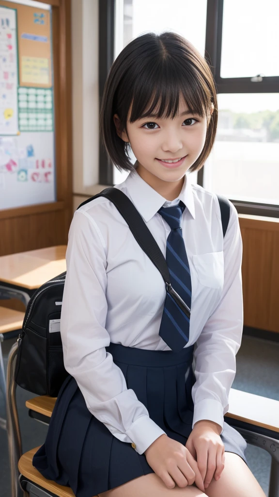 (Highest quality,masterpiece:1.3,Ultra-high resolution),(Very detailed,Caustics,8K),(Realistic:1.4,RAW shooting),Girl in high school uniform,Japanese,boyish,smile,,Short black hair,Looking into the camera,School classroom,I&#39;m sitting on a chair and studying、,front,Face Focus,Face close-up,(Warm Light),Professional Writing