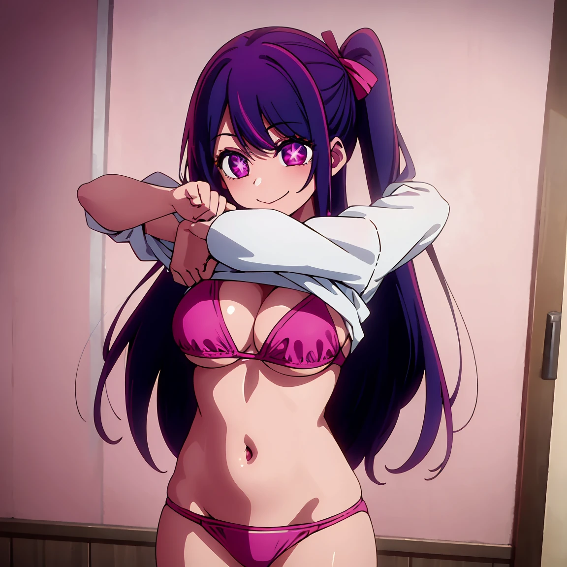1girl, shirt lift, undressing ,pov , cowgirl position eft_oshi_ai, 1girl, solo, , smile, long hair, multicolored hair, purple hair, s purple eyes, symbol-shaped pupils, pink eyes, pink hair, star (symbol) mature woman,(narrow_waist), thigh、big breasts,, bikini underneath , smile, bedroom