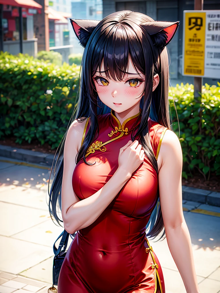 Highest quality,Highest Resolution,Beautiful girl in cheongsam,Cat ear,blushing in embarrassment,