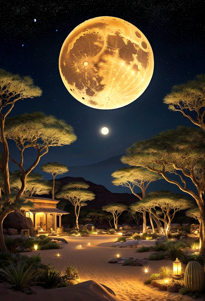 8k、Masterpiece、African deserts、Time: Night、There's a full moon in the sky、Starry sky、There is an oasis on the surface、Fantastic screen、Fantasy art