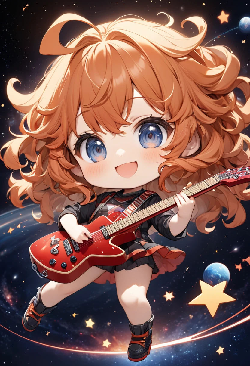 (chibi, big head, full body, super deformed), best quality, super fine, 16k, incredibly absurdres, extremely detailed, 2.5D, delicate and dynamic depiction, cute girl, smiling, orange messy wavy hair, ahoge, playing star-shaped red guitar, dancing notes effect, space background, portrait