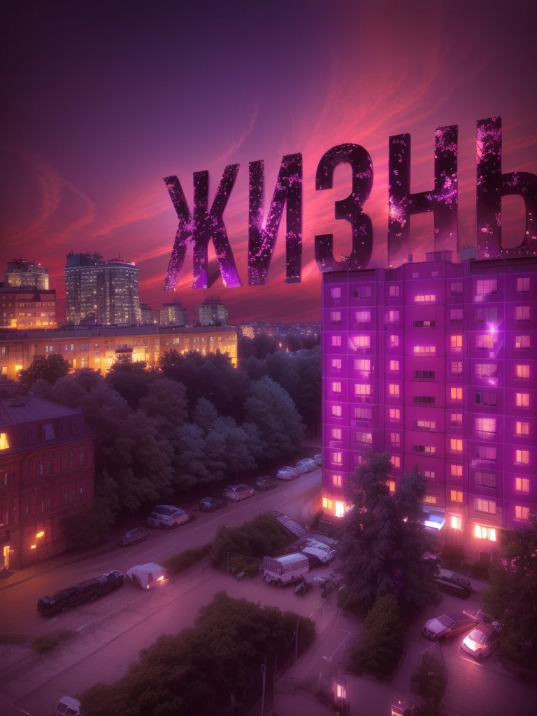purple letters on a building against the background of the city, in the style of Kirill Kotashev, Superimposed Cyrillic words, Khreshchatyk, Russian city, night!, 000 - wikipedia, 🪔 🎨;🌞🌄, photo taken at night