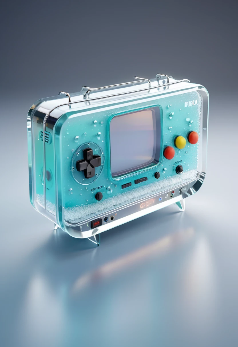 Transparent technology cute and fun retro game console made of mixed materials, frosted glass, mercury drops, reflective color grading, glow, accent lighting, studio lighting, octane, depth of field C4D, zbrush, hyper realistic, high detail, award winning , best quality, retina