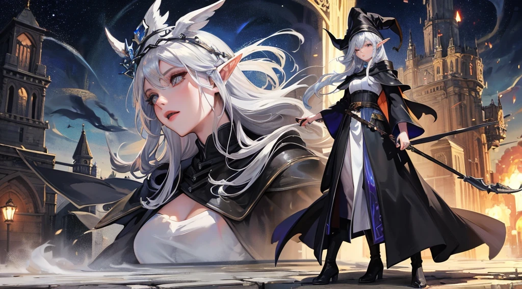 medieval setting, full view of body, 1 female elf mage,beatiful smokey eyes, silver hair, black mage robe with gambeson, wizard hat, leather boots