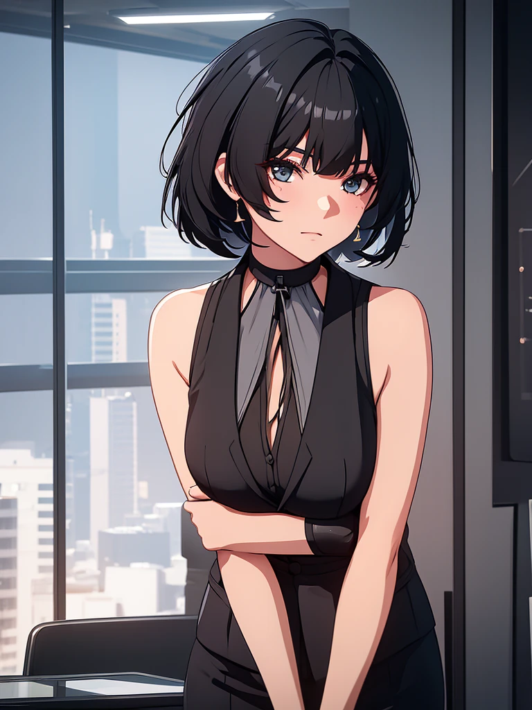 1girl, wearing a black colour office suit, at an office, black short hair, 8k, high detailed, high quality
