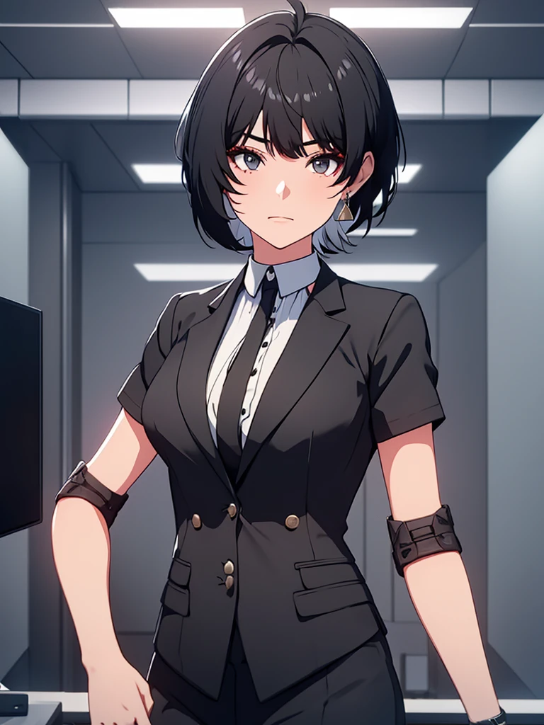 1girl, wearing a black colour office suit, at an office, black short hair, 8k, high detailed, high quality
