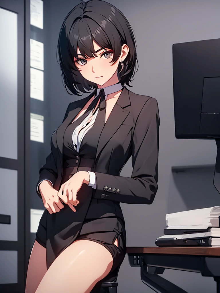 1girl, wearing a black colour office suit, at an office, black short hair, 8k, high detailed, high quality
