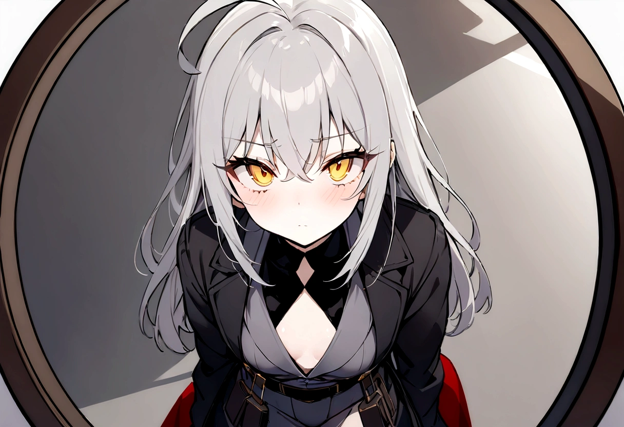 (masterpiece, best quality:1.2), 1girl, 独奏,Black military uniform、Looking through the scope、Point your gun at us、Grey long hair、Ahoge、Yellow Eyes、Ready your gun?、sniper rifle、Background of military bases、Fisheye Lens、battlefield、Shadows of light and darkness、Confused eyes、Gray trench coat、A black hoodie on top、ナイフとReady your gun?、Flat Chest、Poor breasts