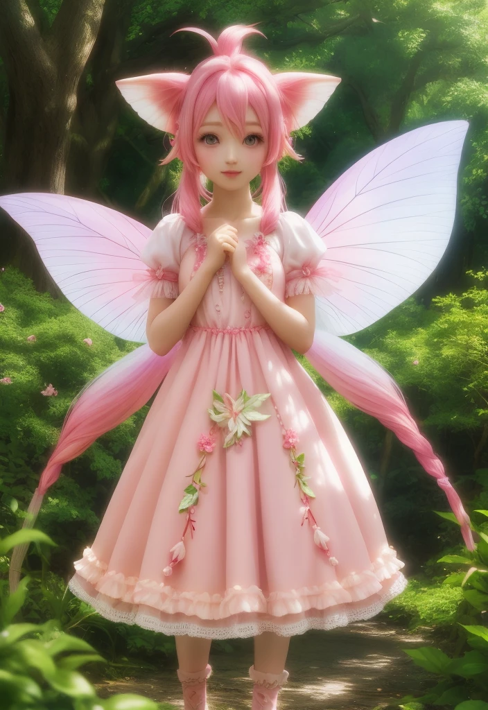 ai cute ears fay little fairy fantasy hair pink hair nature forest petal dress realistic vibrant colors colorful art style nice hands perfect hands vibrant proof