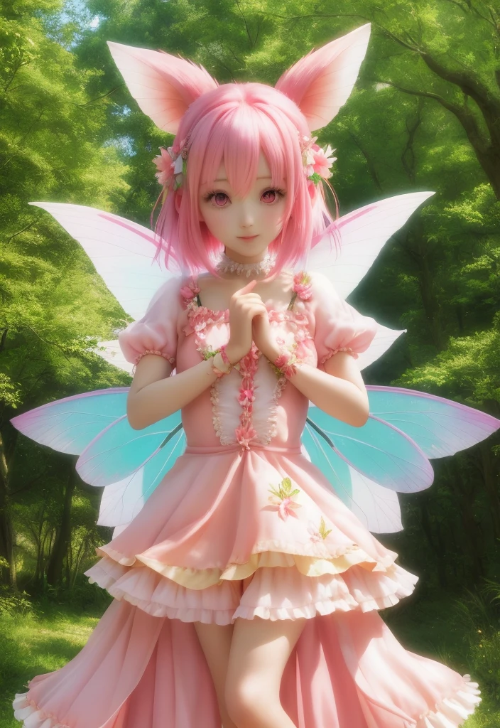 ai cute ears fay little fairy fantasy hair pink hair nature forest petal dress realistic vibrant colors colorful art style nice hands perfect hands vibrant proof