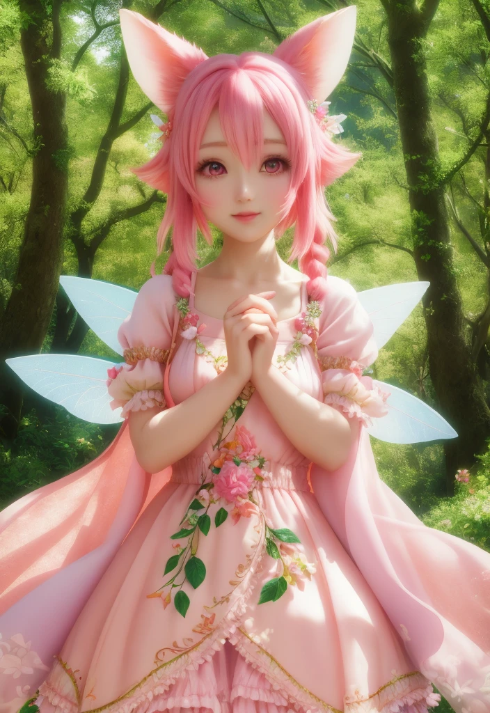 ai cute ears fay little fairy fantasy hair pink hair nature forest petal dress realistic vibrant colors colorful art style nice hands perfect hands vibrant proof