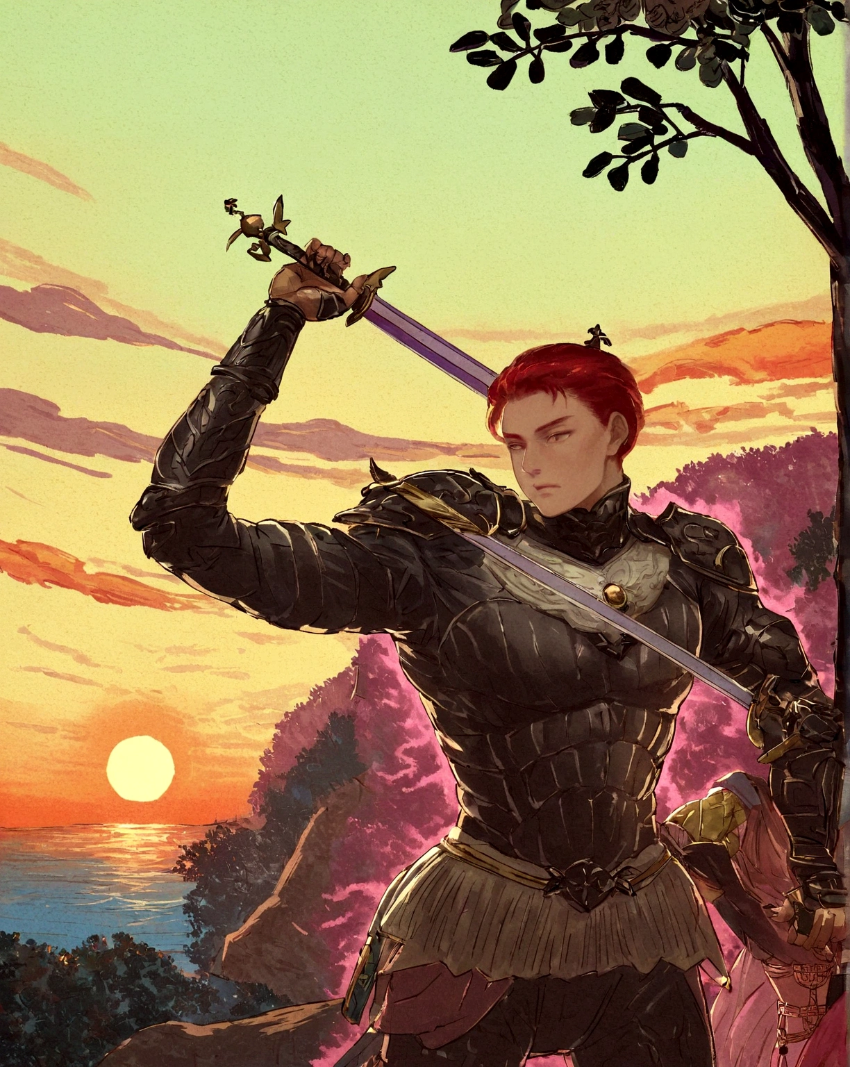 god of the sun and darkness posing holding a sword covered in an aura of darkness and the sun With long black hair And a strong body With black armor With a purple divine aura radiating all over his body