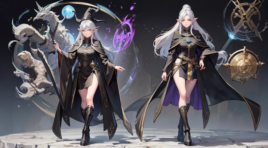 medieval setting, full view of body, 1 female elf mage,beatiful smokey eyes, silver hair, black mage robe with gambeson, wizard hat, leather boots, walking on bifrost