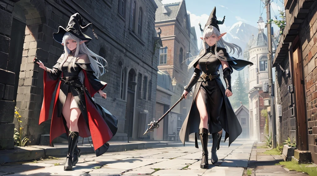 medieval setting, full view of body, 1 female elf mage,beatiful smokey eyes, silver hair, black mage robe with gambeson, wizard hat, leather boots, walking on bifrost
