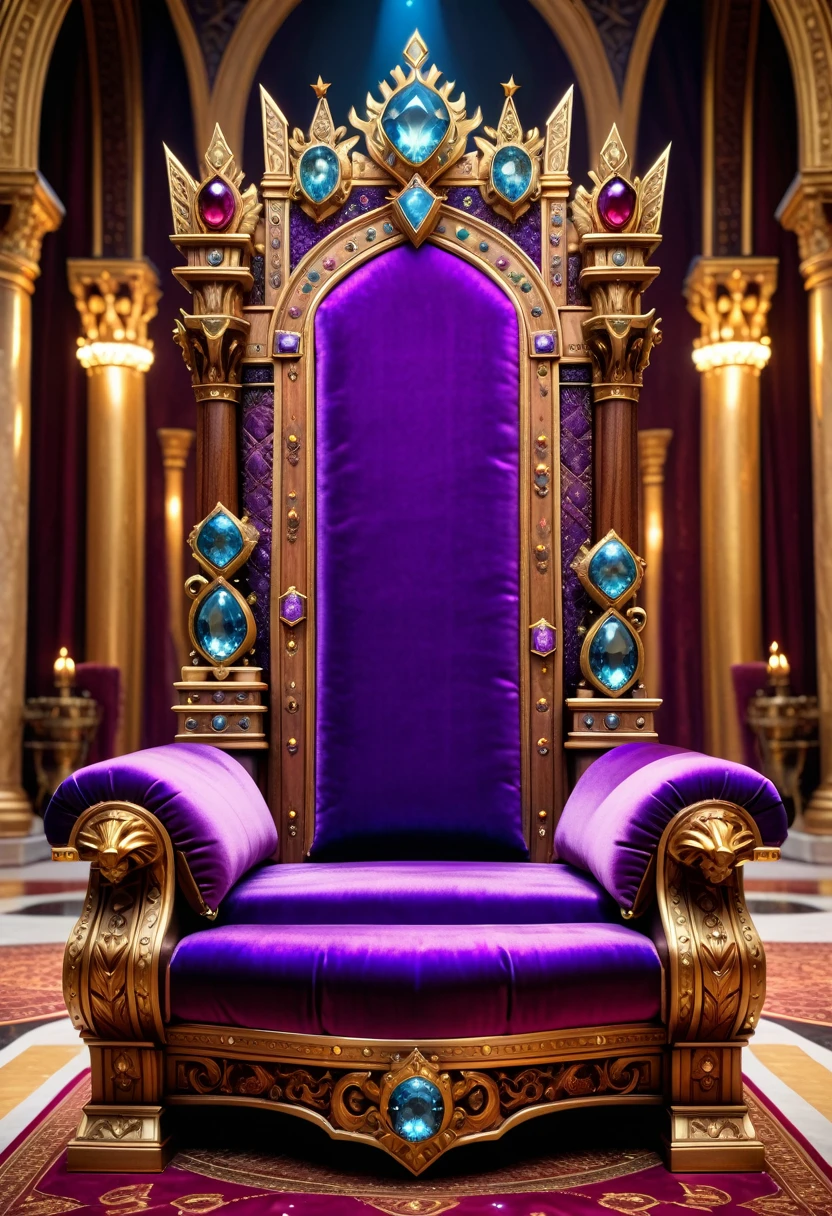 a picture of a massive epic throne, it has purple silk cushions, rubies, topaz, aquamarine gemstones artwork, the throne is epic in its majestic, power, and royalty, symmetric with many wood decorations and gem artwork, behind the throne there are stars and nebulas of space a sense of high royalty, nobility and magic , (masterpiece: 1.4) intense details, highly detailed, photorealistic, best quality, highres,16k, [ultra detailed], masterpiece, best quality, (extremely detailed), close up, ultra wide shot, photorealistic, RAW, fantasy art, dnd art, fantasy art, realistic art,((best quality)), ((masterpiece)), (detailed)
