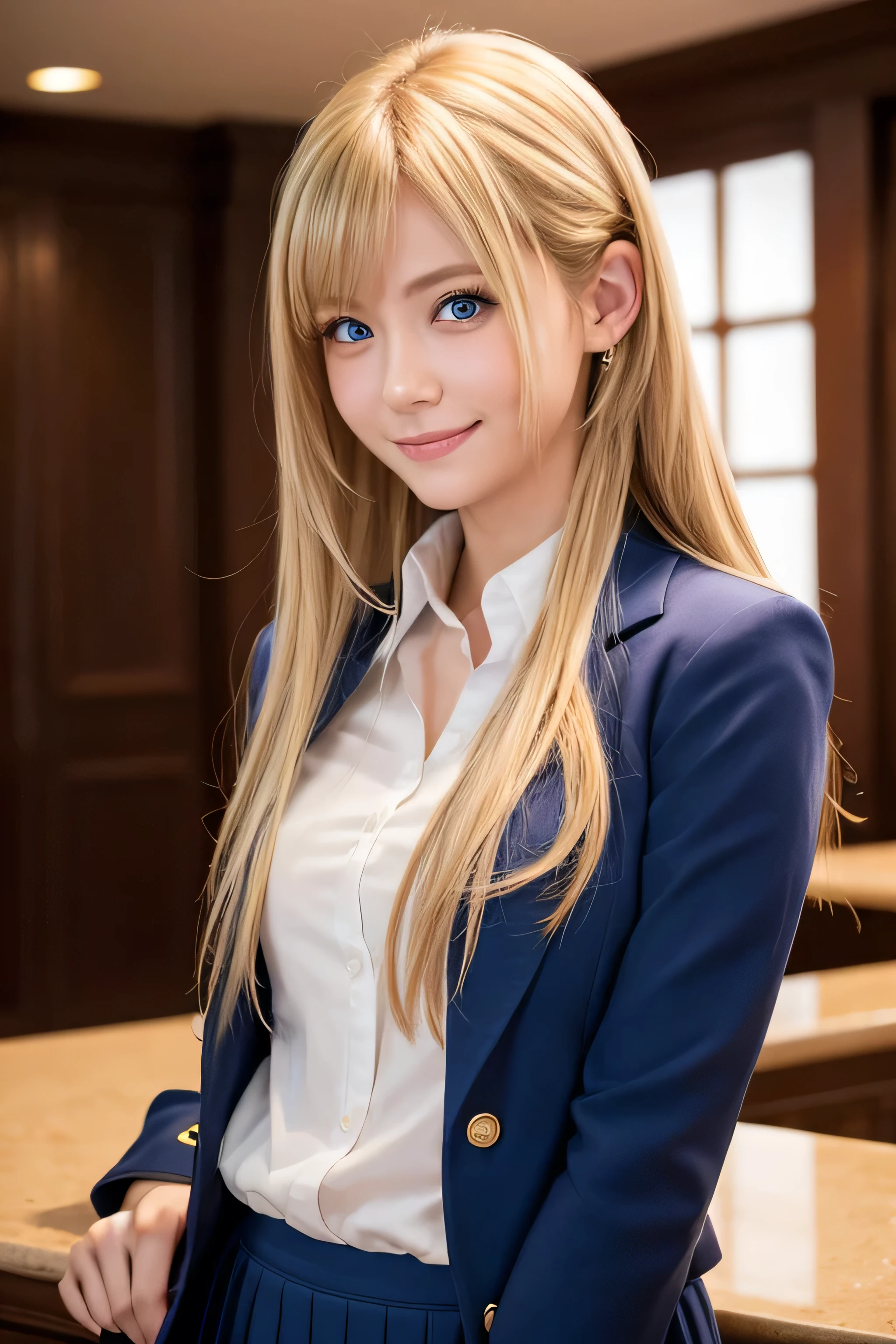 8K,Bushy blonde adult woman,so beautiful(Like the real thing), Big smile, elegant, Long nails, Hairstyle, Beautiful expression,blue eyes, Messy, I am proud, absurdes, Elegant dress,Cowboy Shot, Portraiture, (Highest quality), (Tabletop), (Very detailed), masterpiece,Highest quality photorealistic RAW photos。Backlight, Cinema Lighting, Film Grain, to be born, 50MM lens, Nikon D850,Ultra-Realistic Skin,Fantasy art,Character Art,Ultra-high resolution,Perfect hands,Compensate,wearing High ,full figure supermodel standing, entire body in frame、Hotel reception background, Blurred Background、High School Uniform
