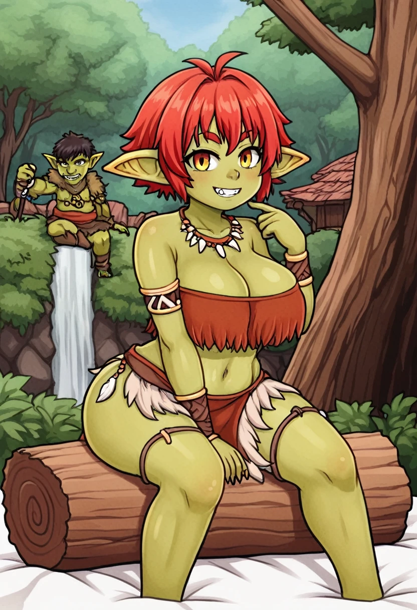 goblin girl, Anime, 21 years old, short stature, Very curvy body, short haircut, Jewelry made of teeth, tribal decorations, red hair combed to the side, Sitting on a log, Cozy atmosphere.