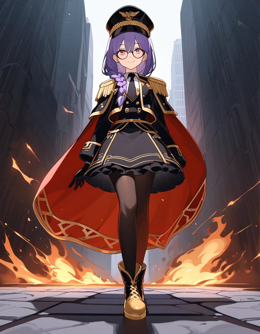 realisitic, from front, City Deserted, Pile of rubble, Brick building, a one woman (18 years old, far away blackw hair, far away slits, Eyes red, glare eyes, 精致的面容, standing (In floor, feet shoulder-width apart), Lolita style military uniform (blackw base, Red Insert, golden decoration, volantes, wide sleeves, dainty and delicate detailing armors), blackw far away gloves (blackw, Red Insert, golden decoration, small hands, armors), blackw far away gloves, knee high boots (blackw, high-heels, red soles), ha (blackw, aba dourada, shield emblem, delicate details), arms in front, Front of belly, Holding military swords with both hands (blackw, golden decoration, delicate detail, Handle at the top, Ground-facing blade, in front of the body, far away), night sky (blackw, stele, Increased flames and smoke), Pale painting style, One Girl, super high quality, Super Detail, Super Detailed image, long hair, looking at viewer, skirt, shirt, hair ornament, violet eyes, gloves, round glasses, long sleeves, hat, closed mouth, jacket, violet hair, braid, open clothes, necktie, black gloves, black skirt, uniform, single braid, open jacket, black jacket, black headwear, 手链, peaked cap, black necktie, cropped jacket, military hat, pantyhose, Flat Chest, smile, Red Cape