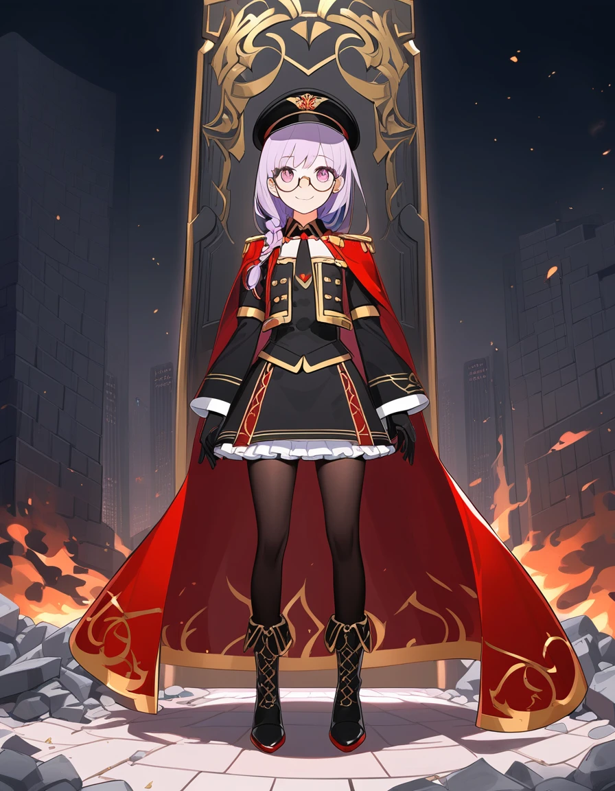 realisitic, from front, City Deserted, Pile of rubble, Brick building, a one woman (18 years old, far away blackw hair, far away slits, Eyes red, glare eyes, 精致的面容, standing (In floor, feet shoulder-width apart), Lolita style military uniform (blackw base, Red Insert, golden decoration, volantes, wide sleeves, dainty and delicate detailing armors), blackw far away gloves (blackw, Red Insert, golden decoration, small hands, armors), blackw far away gloves, knee high boots (blackw, high-heels, red soles), ha (blackw, aba dourada, shield emblem, delicate details), arms in front, Front of belly, Holding military swords with both hands (blackw, golden decoration, delicate detail, Handle at the top, Ground-facing blade, in front of the body, far away), night sky (blackw, stele, Increased flames and smoke), Pale painting style, One Girl, super high quality, Super Detail, Super Detailed image, long hair, looking at viewer, skirt, shirt, hair ornament, violet eyes, gloves, round glasses, long sleeves, hat, closed mouth, jacket, violet hair, braid, open clothes, necktie, black gloves, black skirt, uniform, single braid, open jacket, black jacket, black headwear, 手链, peaked cap, black necktie, cropped jacket, military hat, pantyhose, Flat Chest, smile, Red Cape