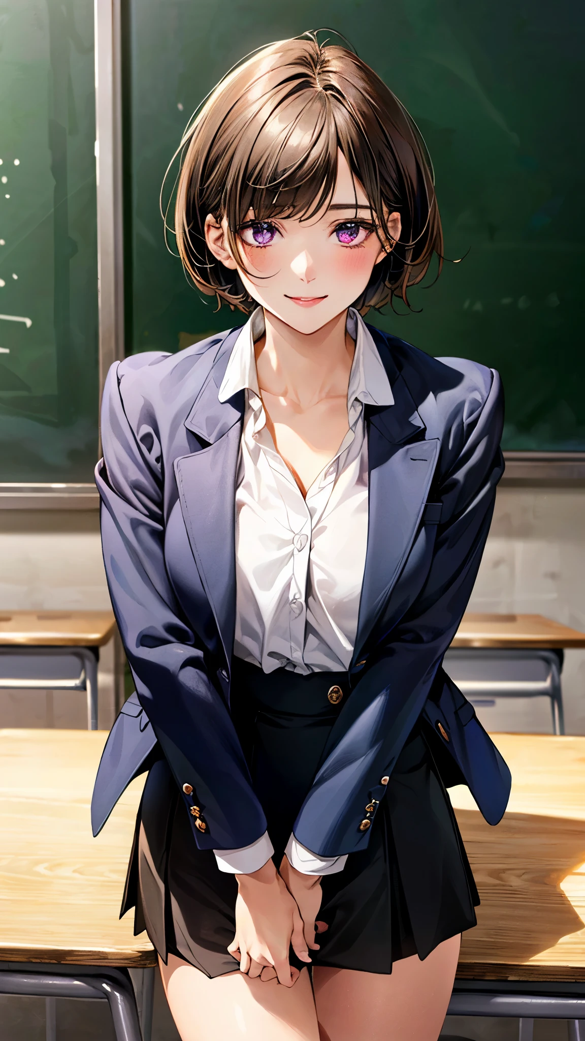 A girl is posing for a photo,pretty girl,Enchanting girl,Anime Girls,
(((One Girl,16 years o 
 
(black ribbon tie + White Collar Dress Shirt + blue suit jacket + blue suit vest + Blue Shiny Pencil Mini Skirt)、((black pantyhose : low denier, sheer, glossy finish))、(Black high heels), 
BREAK 

(Black Hair, (hair slicked back + Side-haired hairstyle showing ears + Very short back hair))、
(Drooping eyes,blue eyes),(Small breasts),
BREAK 

(Evil Smile),
((noon + Sunlit office)), ((sit cross-legged at a desk、Cowboy Shot)), 
BREAK 

(Beautiful Hair,Shiny Hair),
(Expression of fine eyes,Beautiful and delicate eyes,Sparkling eyes,Eye Reflexes),
(double eyelid,Long eyelashes),
(Beautiful Nose,Thin Nose),
(Glossy lips,Beautiful Lips,Thick lips),
(Symmetrical facial features,Perfect Face),(((Detailed skin,Oily skin,Textured skin,Beautiful Skin))),
BREAK 

(((highest quality)),((masterpiece)),((Very detailed))),((High resolution),(8k),(16k,1080p),(Anime 2D Rendering)),(Anatomically correct),
(The best CG),Highly detailed art,CG illustration,
