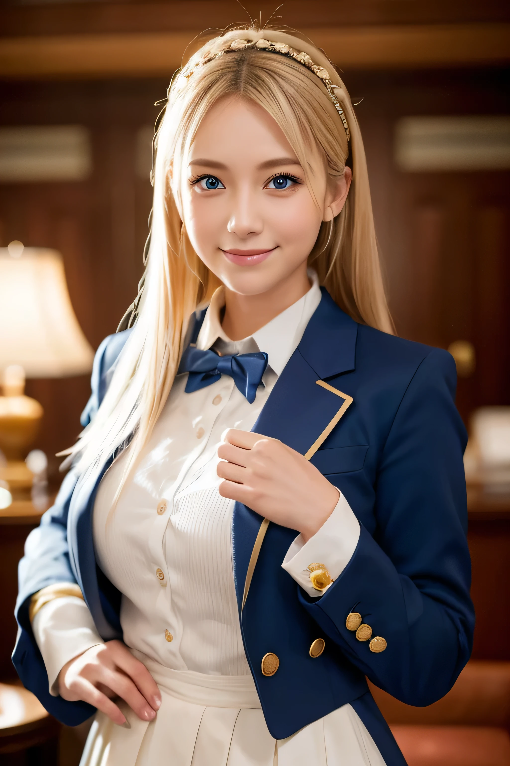 8K,Bushy blonde adult woman,so beautiful(Like the real thing), Big smile, elegant, Long nails, Hairstyle, Beautiful expression,blue eyes, Messy, I am proud, absurdes, Elegant dress,Cowboy Shot, Portraiture, (Highest quality), (Tabletop), (Very detailed), masterpiece,Highest quality photorealistic RAW photos。Backlight, Cinema Lighting, Film Grain, to be born, 50MM lens, Nikon D850,Ultra-Realistic Skin,Fantasy art,Character Art,Ultra-high resolution,Perfect hands,Compensate,wearing High ,full figure supermodel standing, entire body in frame、Hotel reception background, Blurred Background、High School Uniform
