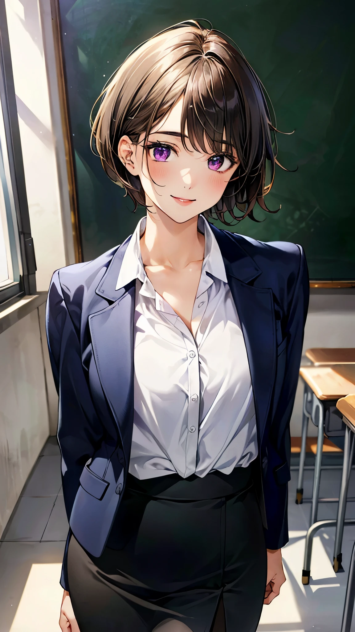 (masterpiece:1.3, top-quality, ultra high res, ultra detailed), (realistic, photorealistic:1.4), beautiful illustration, perfect lighting, natural lighting, colorful, depth of fields,
beautiful detailed hair, beautiful detailed face, beautiful detailed eyes, beautiful clavicle, beautiful body, beautiful chest, beautiful thigh, beautiful legs, beautiful fingers,
looking at viewer, 1 girl, high school teacher, 22 years old, perfect face, (perfect anatomy, anatomically correct), cute and symmetrical face, , , shiny skin,
(short hair:1.5, bowl cut hair, dark brown hair), swept bangs, dark purple eyes, slant eyes, big eyes, long eye lasher, (medium breasts), slender,
(suit jacket, suit skirt, collared white shirt),
(beautiful scenery), evening, (school classroom:1.1, blackboard, vase, blackboard eraser, chalk), standing, hands between legs, (self-introduction, cute smile),