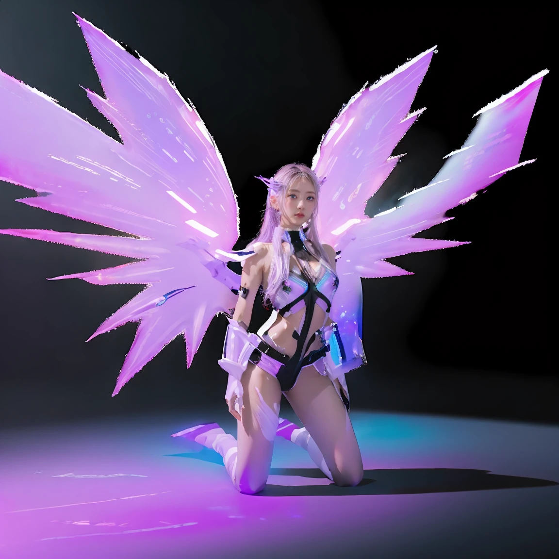 ((masterpiece, best quality, extremely detailed), volumetric lighting, ambient occlusion, colorful, glowing), 
2girl,  young girls, (purple white gradient long hair),  halo, aura, sacred, goddess, cyber suit, (white outfit:1.3), android, bot, angel wings,
outdoors, sunset, sky, clouds, space, (cyberpunk theme:1.2),