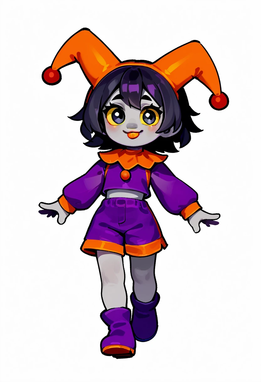 score_9, score_8_up, score_7_up, score_6_up, score_5_up, score_4_up, source_anime, bright cute colors, bright purple outfit solo, 1girl, young adult, light gray skin, black hair, black eyes, yellow sclera, soft smile, looking at viewer, sticking tongue out, long bangs, hair between eyes, two tiny orange horns, pitch black pupils, long sidelocks, thin eyebrows, colorful, soft artstyle, flat chest, gray skin, rating_safe, bright purple jester outfit, long bright purple sleeves, bright purple balloon shorts, jester costume, cutesy costume, jester shoes, chibi, no background, plain white background