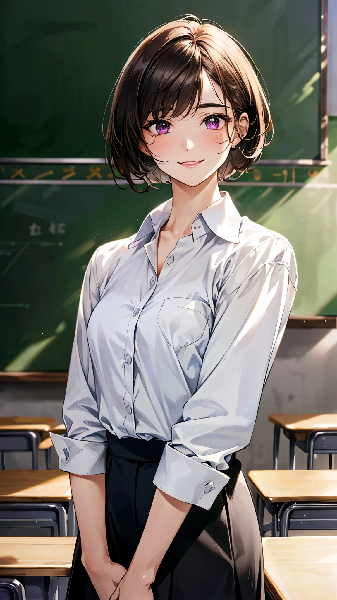 (masterpiece:1.3, top-quality, ultra high res, ultra detailed), (realistic, photorealistic:1.4), beautiful illustration, perfect lighting, natural lighting, colorful, depth of fields,
beautiful detailed hair, beautiful detailed face, beautiful detailed eyes, beautiful clavicle, beautiful body, beautiful chest, beautiful thigh, beautiful legs, beautiful fingers,
looking at viewer, 1 girl, high school teacher, 22 years old, perfect face, (perfect anatomy, anatomically correct), cute and symmetrical face, , , shiny skin,
(short hair:1.5, bowl cut hair, dark brown hair), swept bangs, dark purple eyes, slant eyes, big eyes, long eye lasher, (medium breasts), slender,
(suit jacket, suit skirt, collared white shirt),
(beautiful scenery), evening, (school classroom:1.1, blackboard, vase, blackboard eraser, chalk), standing, hands between legs, (self-introduction, cute smile),