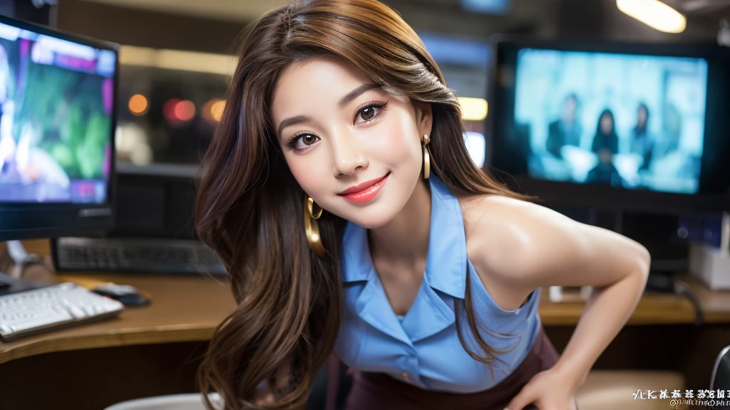 one person、female newscaster、young、beautiful、Female announcer、Shaped face contour、Long Hair、Brown Hair、Fine iris、elegant、Sexy face、Glowing Skin、Juicy lips、An open, seductive smile、Thick eyelasheodel Body Type、Earrings、blush、suit、Tight mini skirt、Perfect lighting、Perfect Shadow、Perfect Anatomy(((masterpiece))), ((highest quality)), ((Super detailed)), (CG illustration), (Very wicked and beautiful)), (Cute Desktop Face)