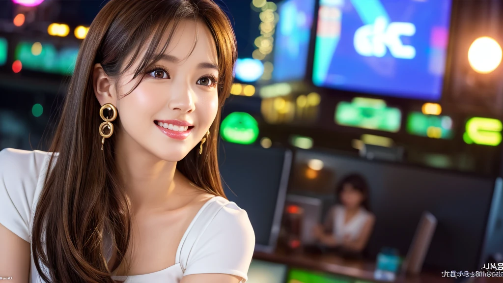 one person、female newscaster、young、beautiful、Female announcer、Shaped face contour、Long Hair、Brown Hair、Fine iris、elegant、Sexy face、Glowing Skin、Juicy lips、An open, seductive smile、Thick eyelasheodel Body Type、Earrings、blush、suit、Tight mini skirt、Perfect lighting、Perfect Shadow、Perfect Anatomy(((masterpiece))), ((highest quality)), ((Super detailed)), (CG illustration), (Very wicked and beautiful)), (Cute Desktop Face)